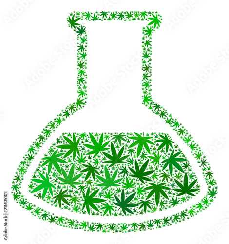 Glass chemical retort collage of marijuana leaves in variable sizes and green tints. Vector flat hemp objects are combined into glass chemical retort collage. Herbal vector design concept.