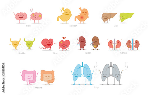 Set of healthy and sick human organs in cartoon style. Vector illustration