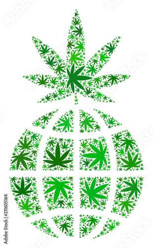 Global cannabis sprout mosaic of cannabis leaves in variable sizes and green variations. Vector flat grass objects are grouped into global cannabis sprout illustration. Drugs vector illustration.