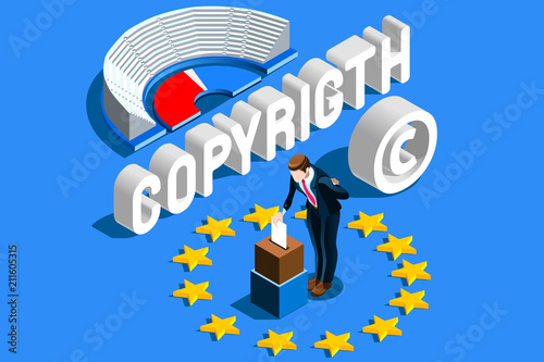 Copyright European Regulation. European Union Parliament voting content property copyright law. Europe author rights protection vote. EU flag Flat isometric vector illustration. photo