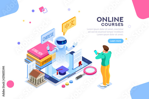 Chinese school language concept. E-learning course or lesson. Teaching classes with cartoon online book of words by an isometric character. Vector illustration isolated on white background.