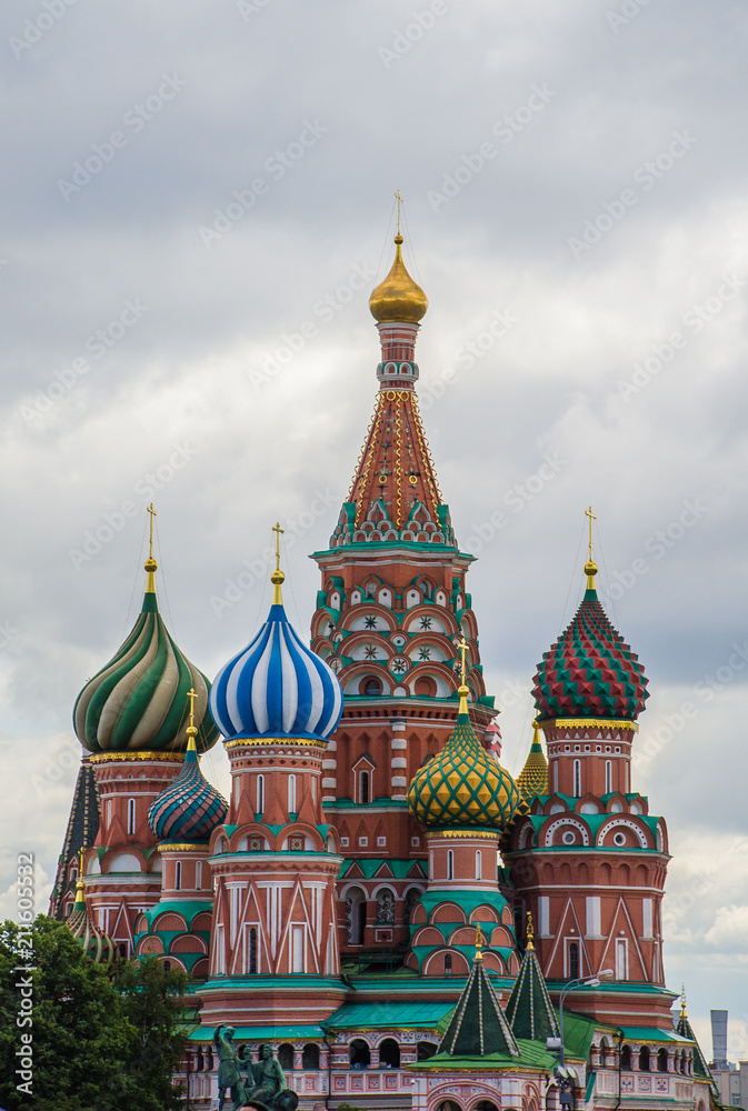 Saint Basil's Cathedral on the sky background with clouds. Moscow