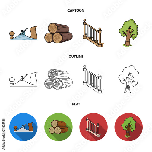 Logs in a stack, plane, tree, ladder with handrails. Sawmill and timber set collection icons in cartoon,outline,flat style vector symbol stock illustration web.