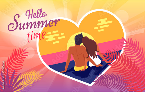 Hello Summer Time Poster with Couple in Love on Beach