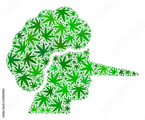 Lier collage of weed leaves in different sizes and green tinges. Vector flat weed leaves are composed into lier shape. Addiction vector illustration.