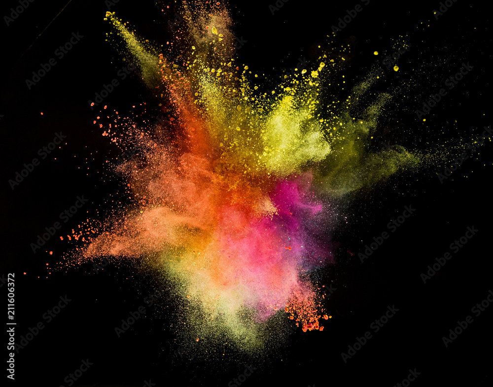 Colored powder explosion isolated on black background. - obrazy, fototapety, plakaty 
