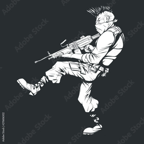 black and white drawing of a terrorist with a machine gun