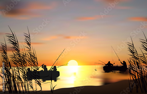 two boats with fishemen silhouettes at sunset