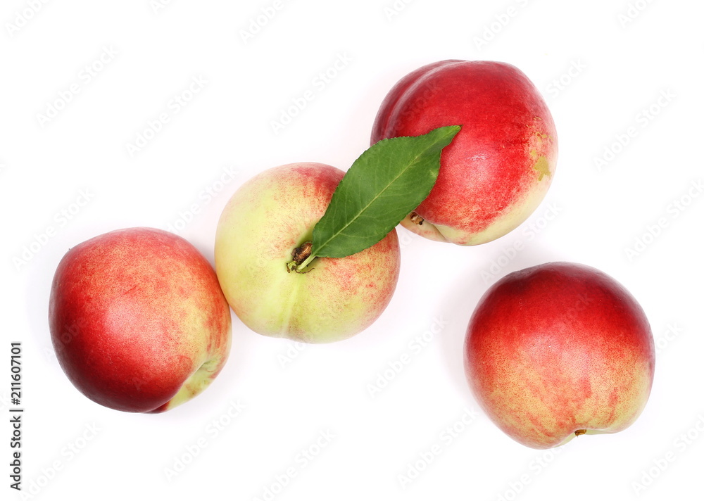 Fresh ripe peaches isolated on white background, top view Fresh ripe peaches isolated on white background, top view