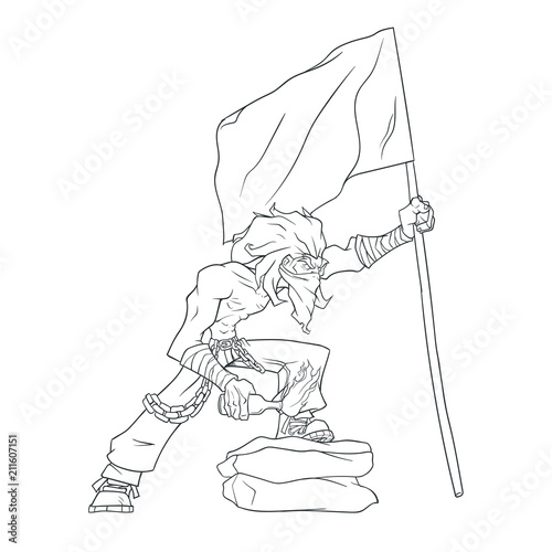 A contour drawing with punk that holds a cocktail and a Molotov cocktail