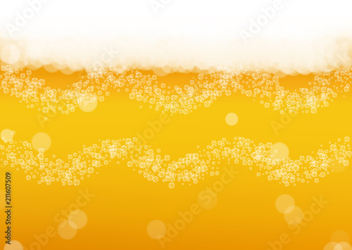 Beer background with realistic bubbles.  Cool liquid drink for pub and bar menu design, banners and flyers.  Yellow horizontal beer background with white foam. Cold pint of golden lager or ale.