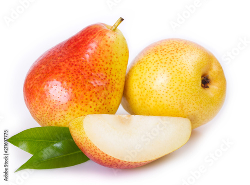 Fresh pears on white background