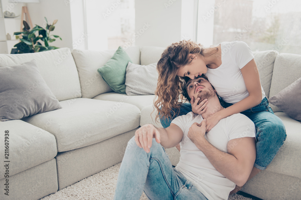 Portrait of sexy horny couple enjoying time together indoors wearing white  t-shirts jeans. Serenity harmony idyllic delight concept Stock Photo |  Adobe Stock