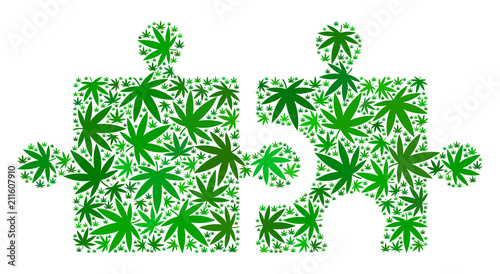 Puzzle mosaic of cannabis leaves in various sizes and green shades. Vector flat cannabis leaves are grouped into puzzle composition. Drugs vector design concept.