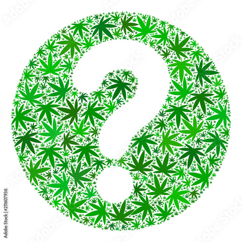 Query composition of weed leaves in variable sizes and green variations. Vector flat ganja leaves are combined into query mosaic. Addiction vector design concept.