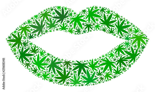 Sexy lips mosaic of marijuana leaves in variable sizes and green tints. Vector flat marijuana leaves are composed into sexy lips figure. Herbal vector design concept.