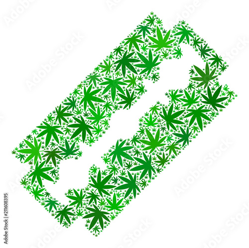 Shaving razor blade collage of marijuana leaves in various sizes and green shades. Vector flat marijuana elements are united into shaving razor blade collage. Addiction vector illustration.