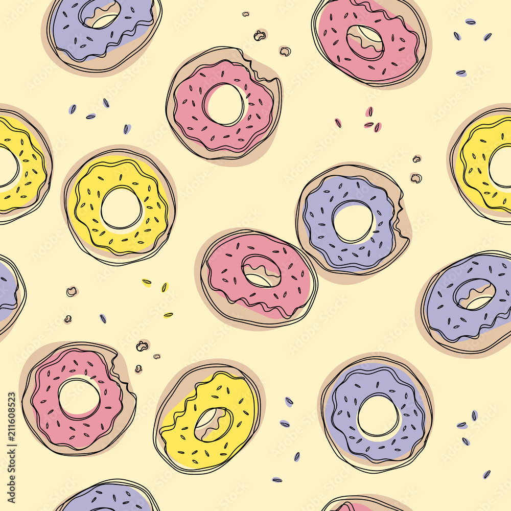 Seamless pattern with donuts. Cute sweet food baby background. Colorful design for textile, wallpaper, fabric, decor. Seamless pattern with donuts. Cute sweet food baby background. Colorful design for textile, wallpaper, fabric, decor.