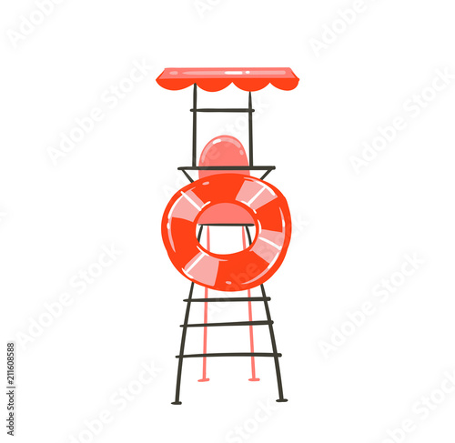 Hand drawn vector abstract graphic cartoon summer time flat illustration with beach lookout tower and float ring buoy isolated on white background