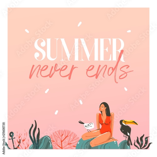 Hand drawn vector abstract cartoon summer time graphic illustrations template cards with girl,sunset,toucan birds on beach scene and modern typography Summer never ends isolated on white background