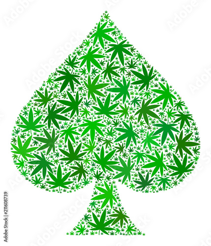 Spades suit collage of marijuana leaves in different sizes and green variations. Vector flat marijuana items are grouped into spades suit illustration. Narcotic vector illustration.