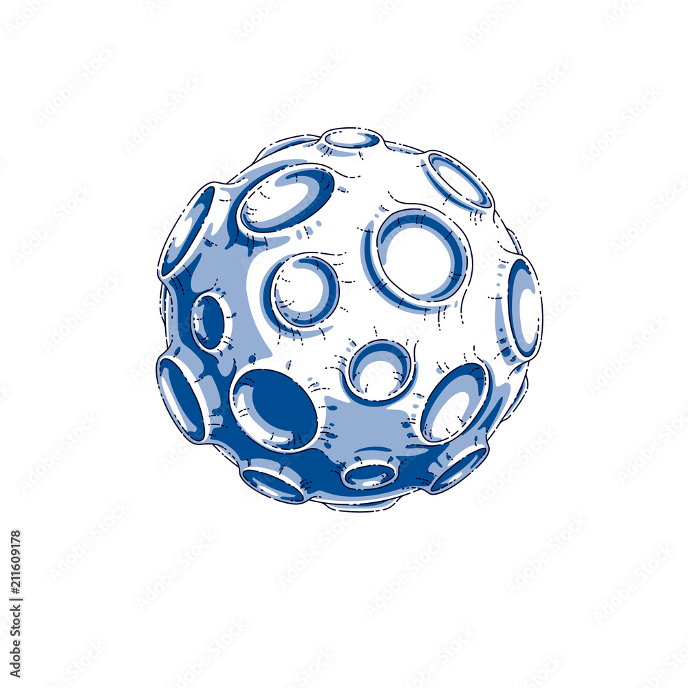 Fototapeta premium Mały kreskówka wektor fantastyczna planeta z kraterami z opadów asteroid i meteorytów. Cienka linia 3d ilustracji wektorowych na białym tle.