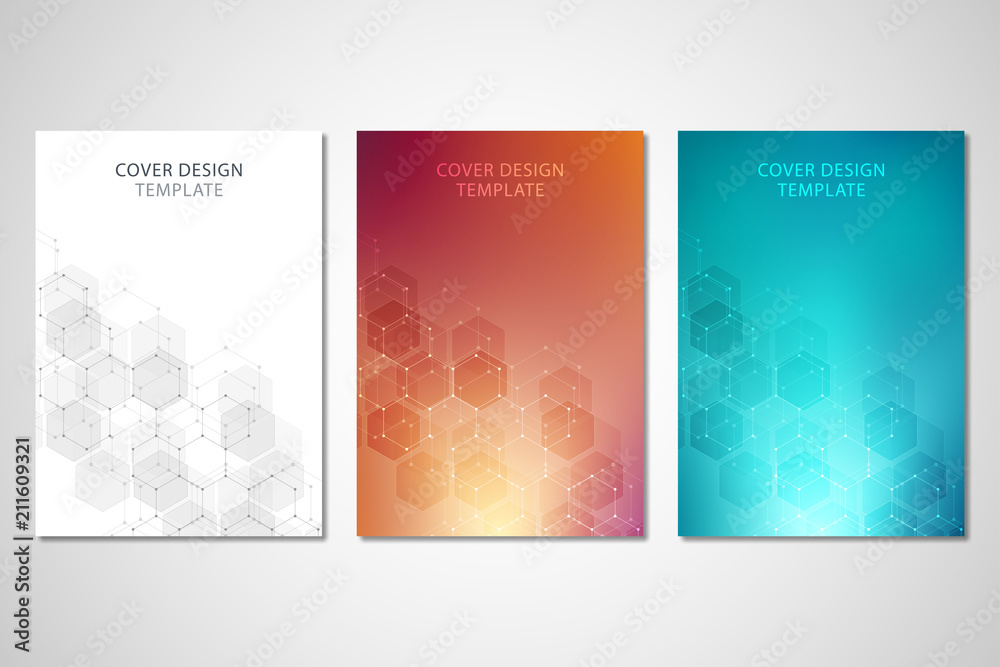 Vector covers or brochure for medicine, science and digital technology. Geometric abstract background with hexagons pattern. Molecular structure and chemical compounds.