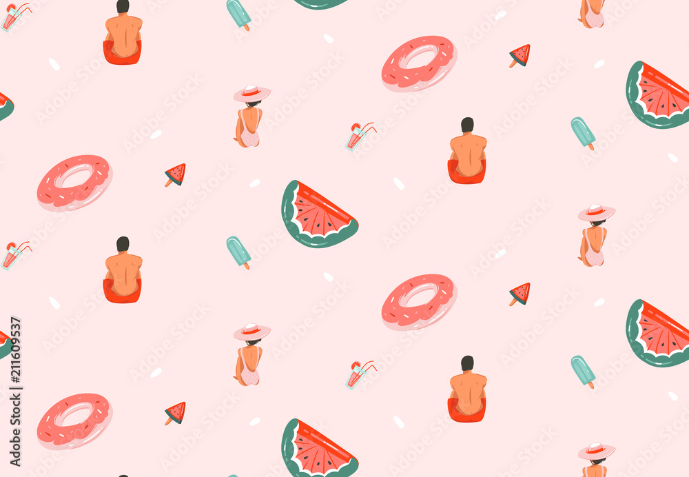 Fototapeta Hand drawn vector abstract graphic cartoon summer time flat illustrations seamless patterns with cocktails,float rings ans beach people isolated on pink pastel background