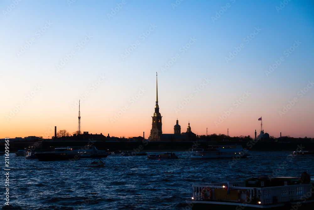 Bank of the Neva in St. Petersburg at sunset