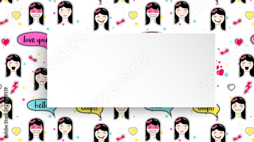 Girl banner with anime emoji pattern. Cute stickers with emoticon and 3d paper. Childish girl banner with kawaii asian faces. Template for fashion and make up sales, ads, special offers and flyers.