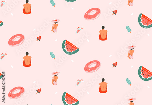 Hand drawn vector abstract graphic cartoon summer time flat illustrations seamless patterns with cocktails,float rings ans beach people isolated on pink pastel background