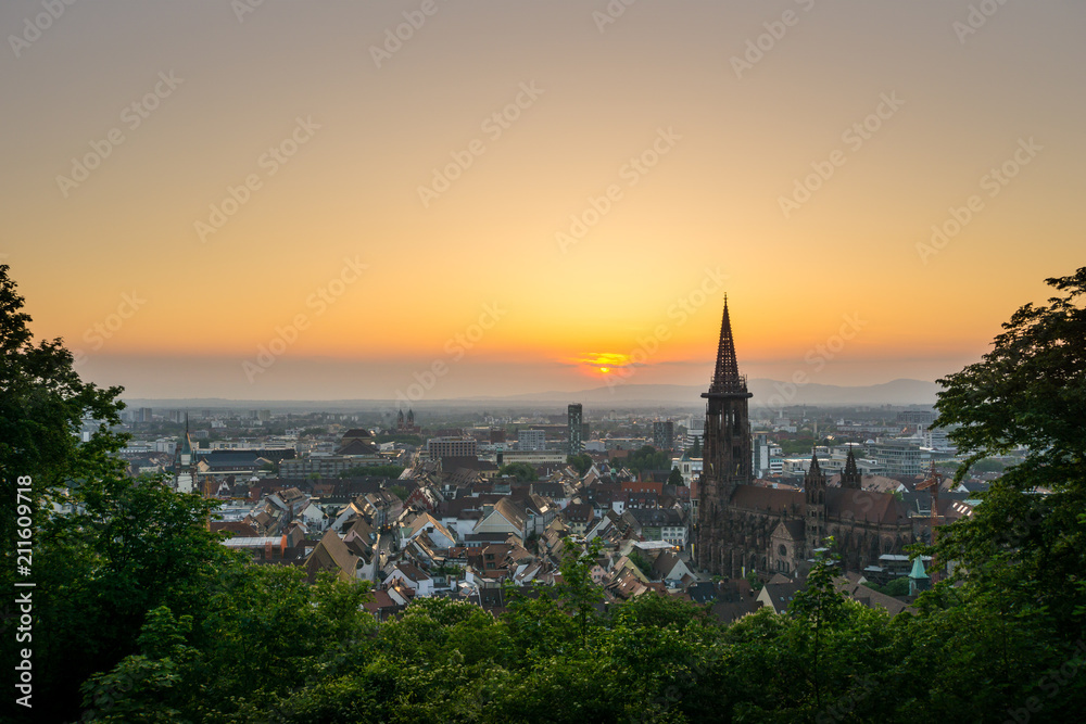 Germany, Orange romantic evening mood over Freiburg im Breisgau