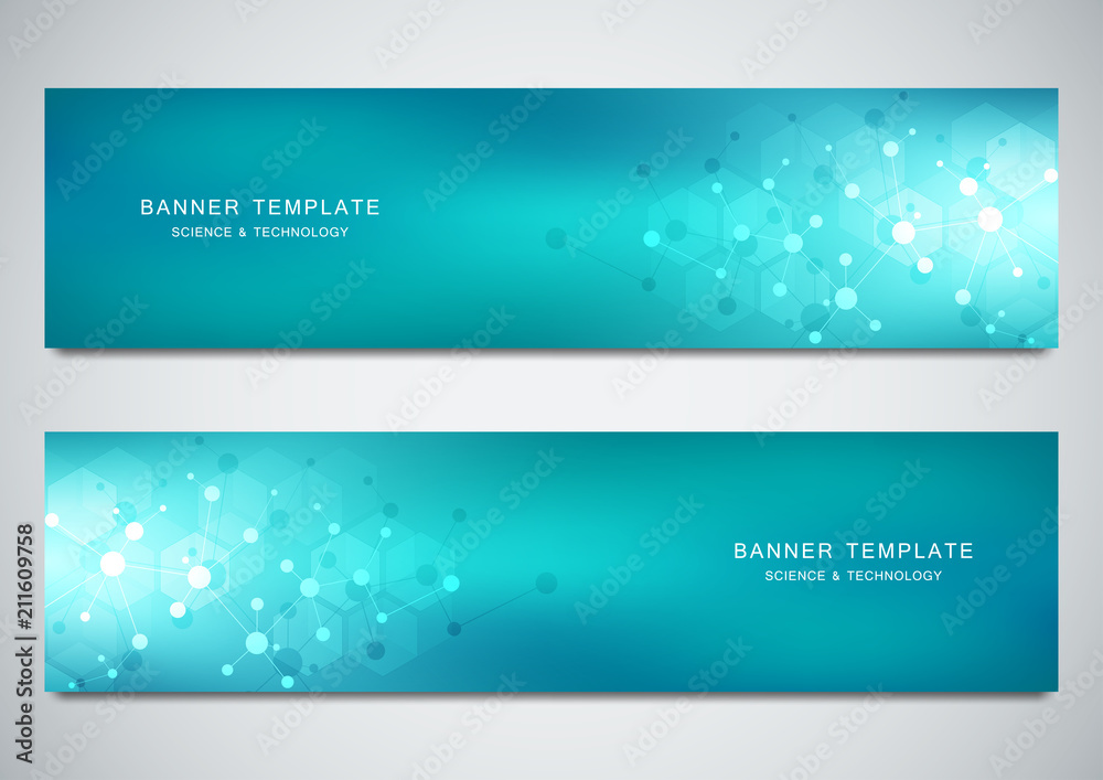Fototapeta premium Vector banners design for medicine, science and digital technology. Molecular structure background and communication with connected lines and dots.