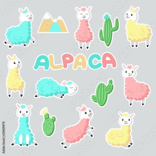Alpaca stickers vector hand drawn illustration