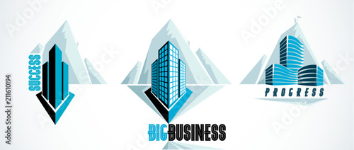 Modern architecture business office building in front of Rock Climber as a concept of career path. Reaching goal of success conceptual illustration. Real estate realty center. Vector designs set.