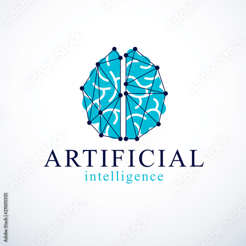 Artificial intelligence concept vector logo design. Human anatomical brain with electronics technology elements icon. Smart software, futuristic idea of intelligent machines and computer programs.
