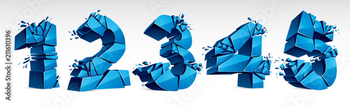 3D realistic blue numbers set 1 2 3 4 5 vector illustration, breaking to pieces digits over white symbols collection.