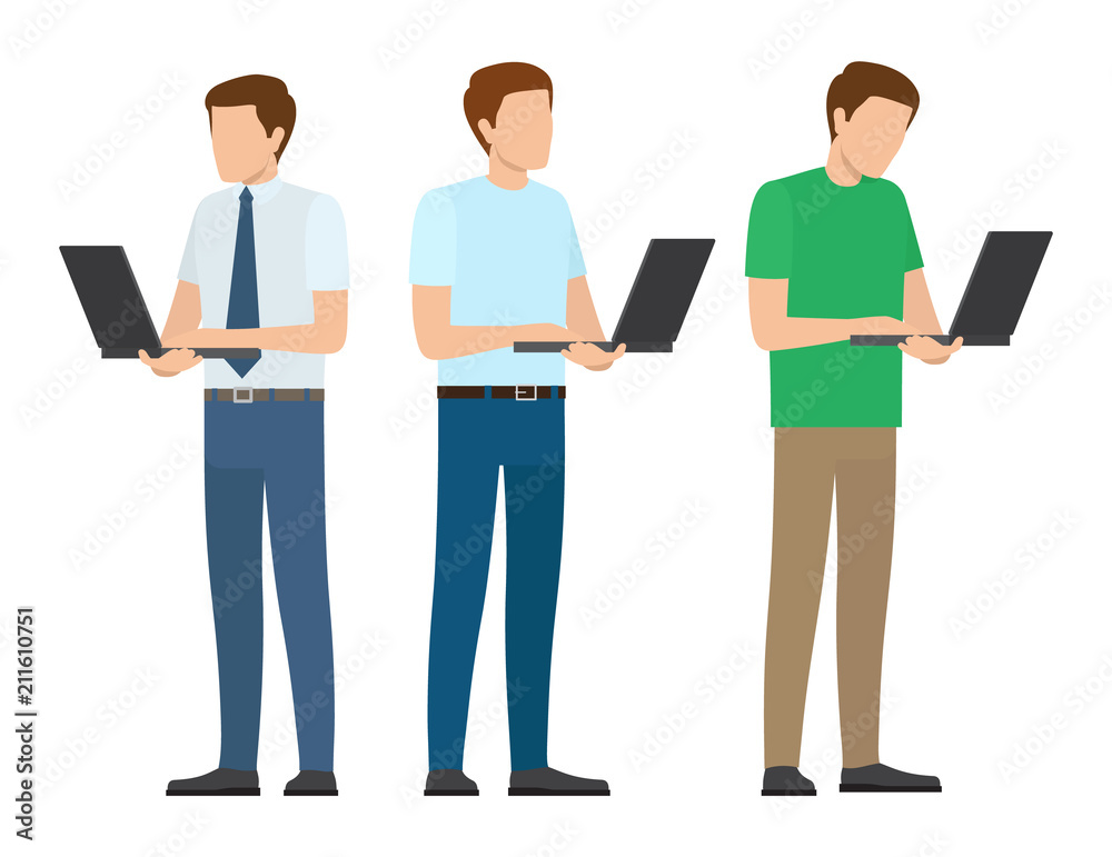 Men Set Standing Full Length Working on Laptop Men Set Standing Full Length Working on Laptop