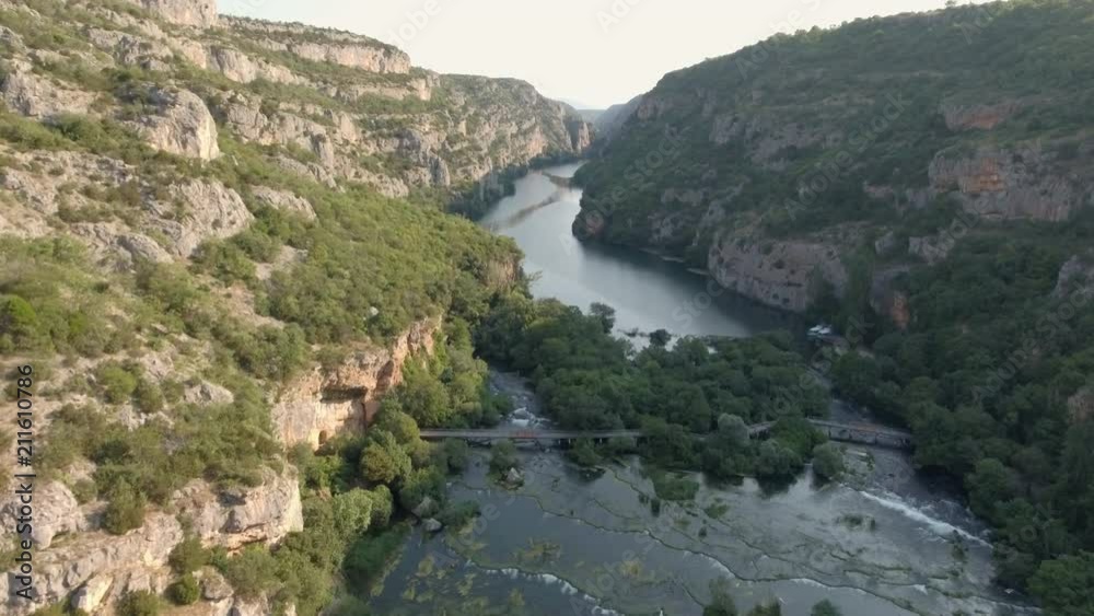 Aerial shot of canyon and waterfall - Krka, roski slap Aerial shot of canyon and waterfall - Krka, roski slap
