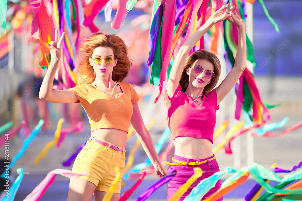 Two Playful Friends Having Fun Enjoy life. Outdoor Two Playful Friends Having Fun Enjoy life. Outdoor