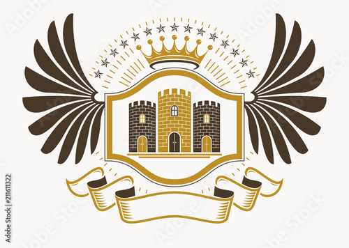 Vintage decorative heraldic vector emblem composed with medieval tower and imperial crown