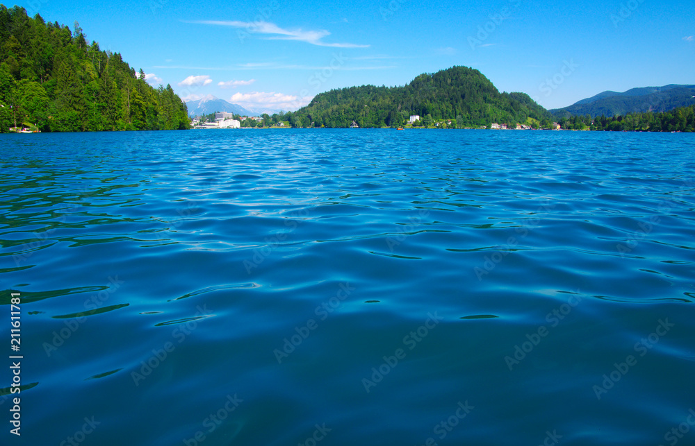 Lake Bled and mountains.