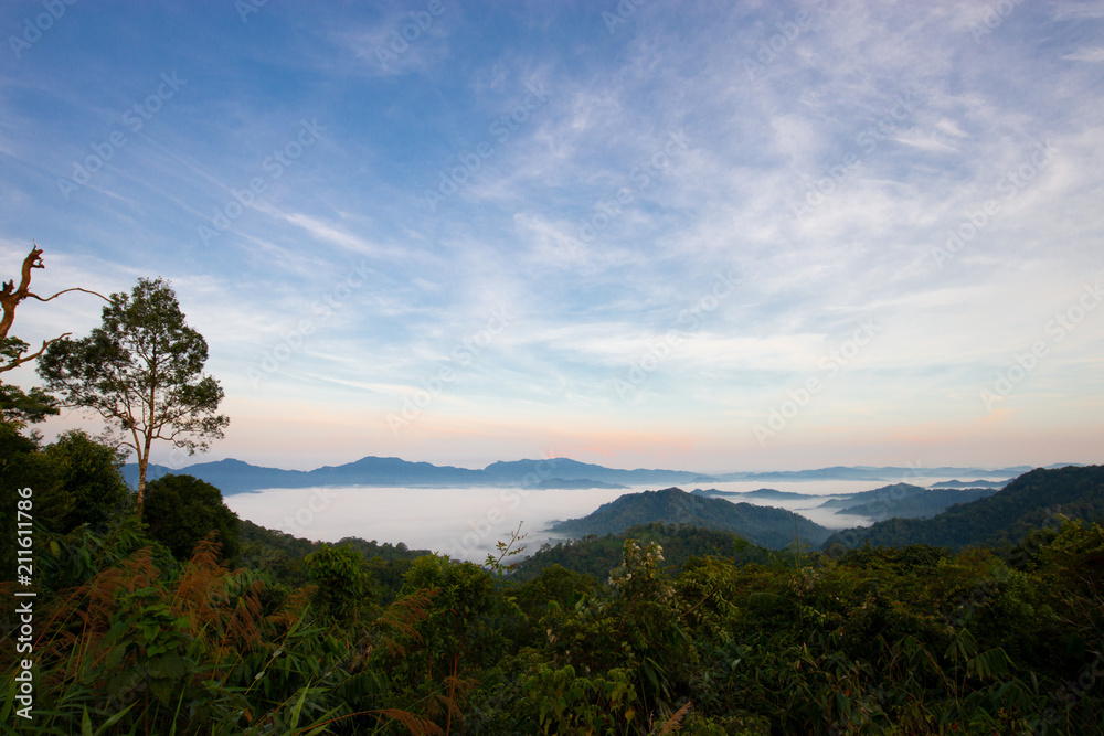 Exotic misty mountain range..Fresh morning time on the highland of Kaeng kra chan national park thailand fulfilled with fluffy mist in mountain range landscape..Misty mountain range.
