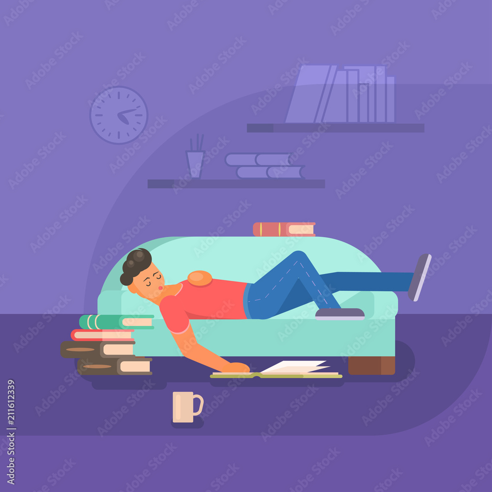 Obraz premium Boy reading book on sofa vector flat illustration