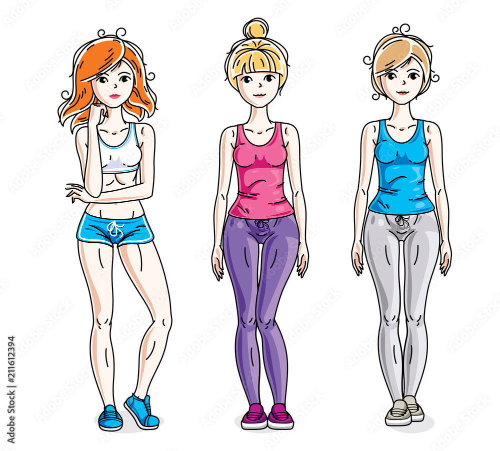 Happy pretty young women standing in stylish sportswear. Vector diversity people illustrations set. Lifestyle theme fem characters. Happy pretty young women standing in stylish sportswear. Vector diversity people illustrations set. Lifestyle theme fem characters.