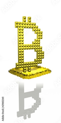 The bitcoin sign is of gold color on the bottom. 3D rendering.