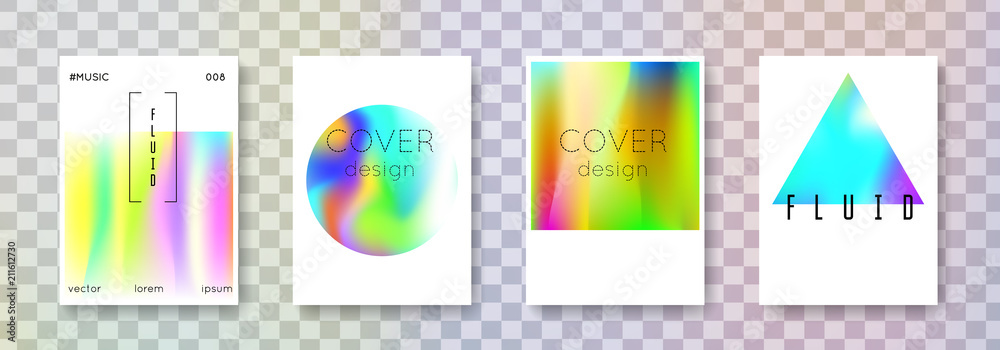 Holographic poster set. Abstract backgrounds. Spectrum holographic poster with gradient mesh. 90s, 80s retro style. Iridescent graphic template for placard, presentation, banner, brochure.