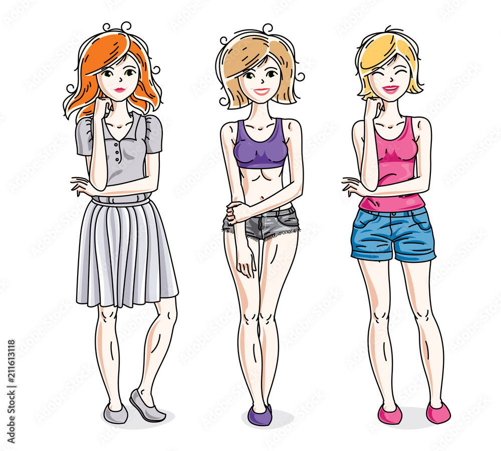 Happy cute young adult girls standing wearing fashionable casual clothes. Vector diversity people illustrations set. Happy cute young adult girls standing wearing fashionable casual clothes. Vector diversity people illustrations set.