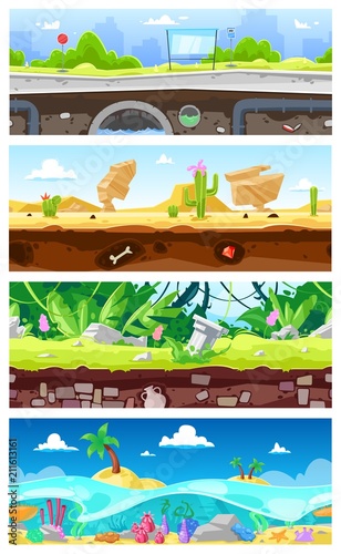 Game background vector cartoon landscape interface gamification and cityscape or urban gaming scene backdrop illustration set of underwater ocean or desert wallpaper