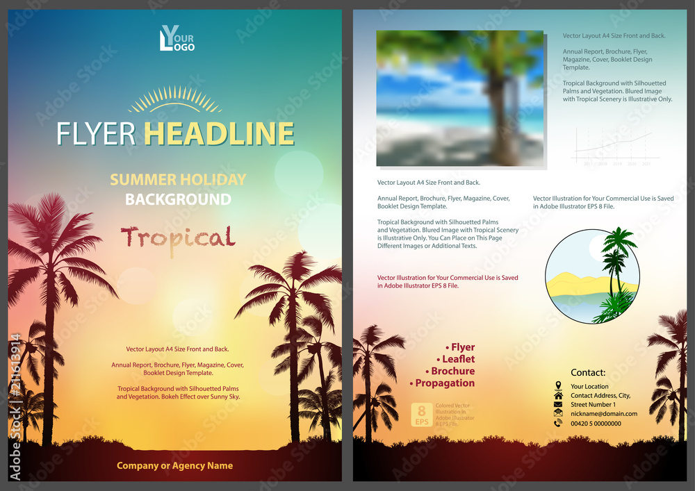 Flyer Template with Sunny Tropical Background - Colorful Sky with Palm Silhouettes for Your Commercial Use, Vector